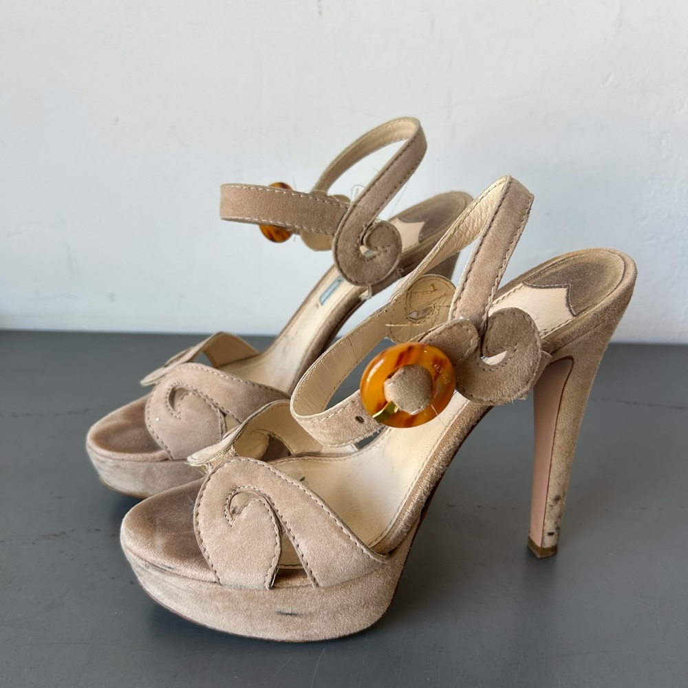 Prada baroque swirl suede platform sandal heel size 37